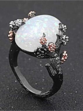 Black Opal Statement Ring Floral Crystal Ring Size 11 Gothic Vintage Style